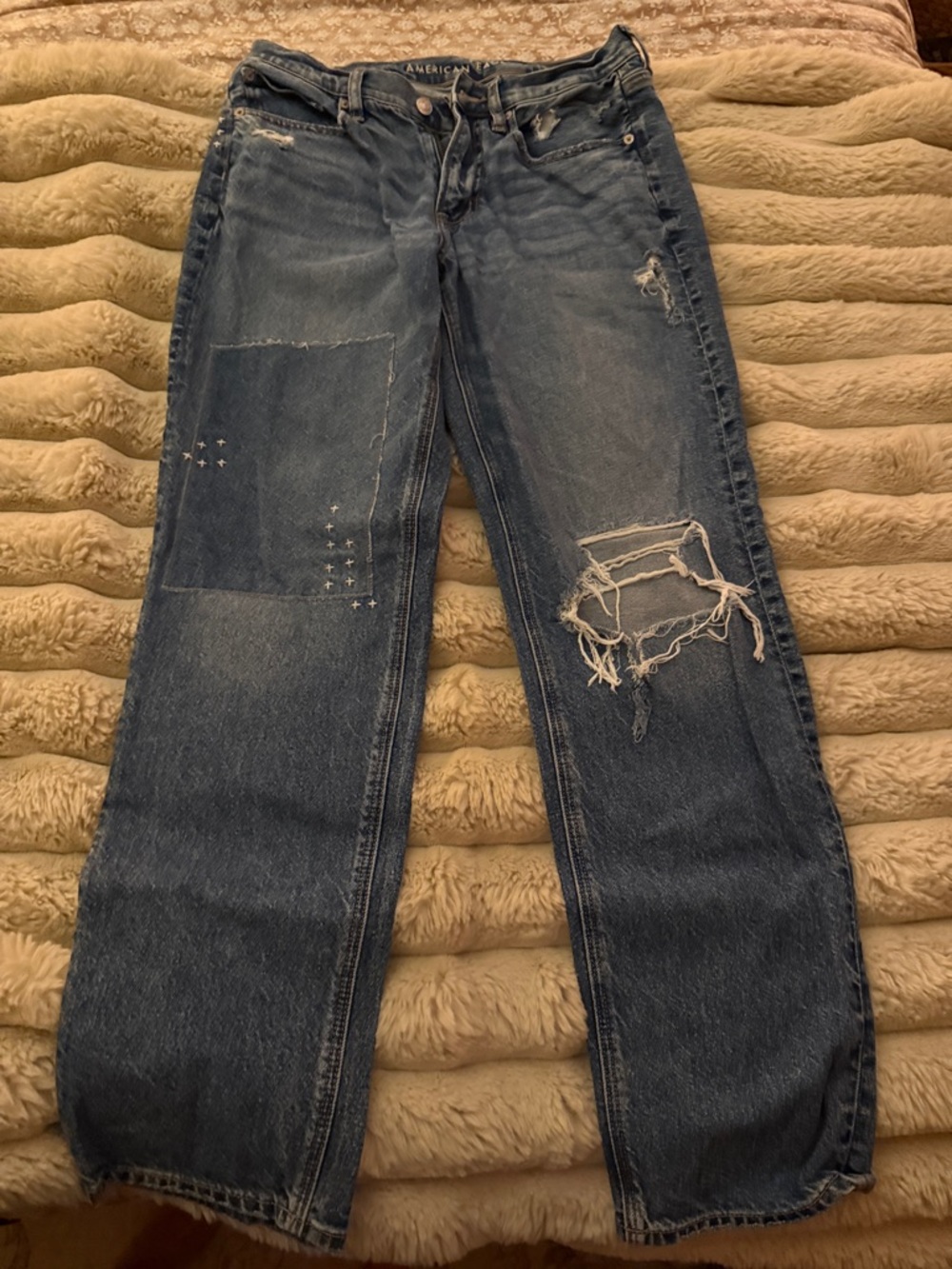 American Eagle Outfitters Distressed Dark Blue Straight-Leg Jeans